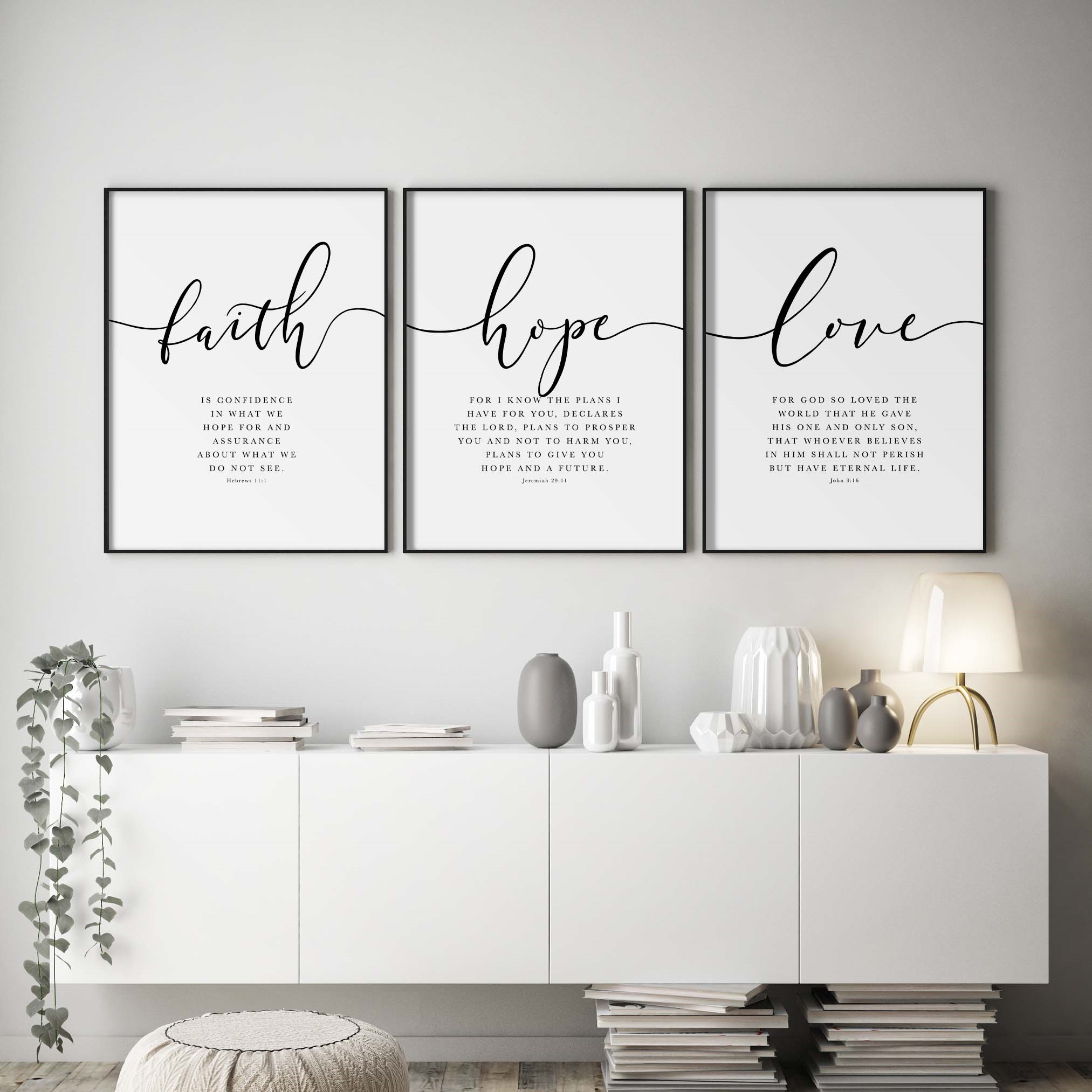 Faith, Hope and Love, 1 Corinthians 13:13 | Trio Set, Christian Wall Art, A2 at XILEF Art